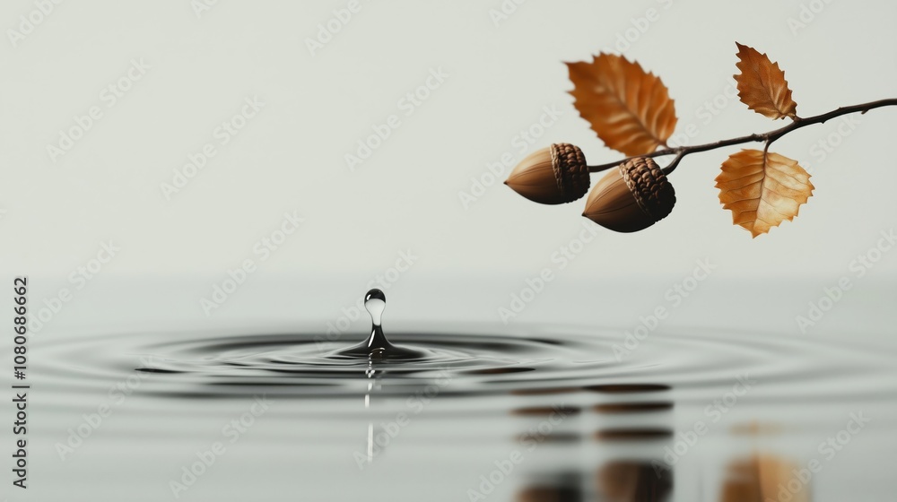 Poster a drop of water falls on the table, with ripples forming in it, and an acorn branch floating above t
