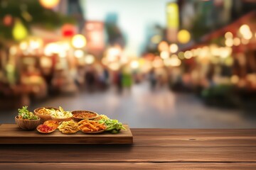Fototapeta premium A selection of vibrant street food dishes on a wooden board, set against a blurred festive market background.