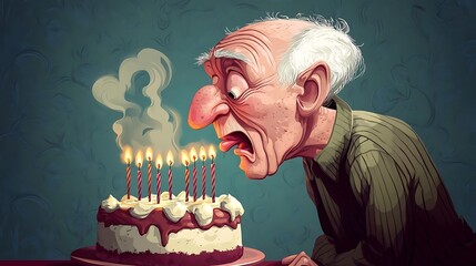 Funny Senior Man Blowing Out Birthday Candles On Cake