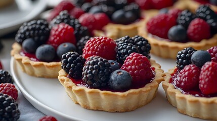 A platter of delicious berry tarts featuring raspberries, blackberries, and blueberries.