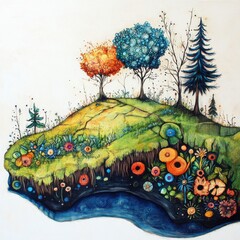 A vibrant, imaginative landscape featuring colorful trees and flowers on a floating island, showcasing a unique artistic style.