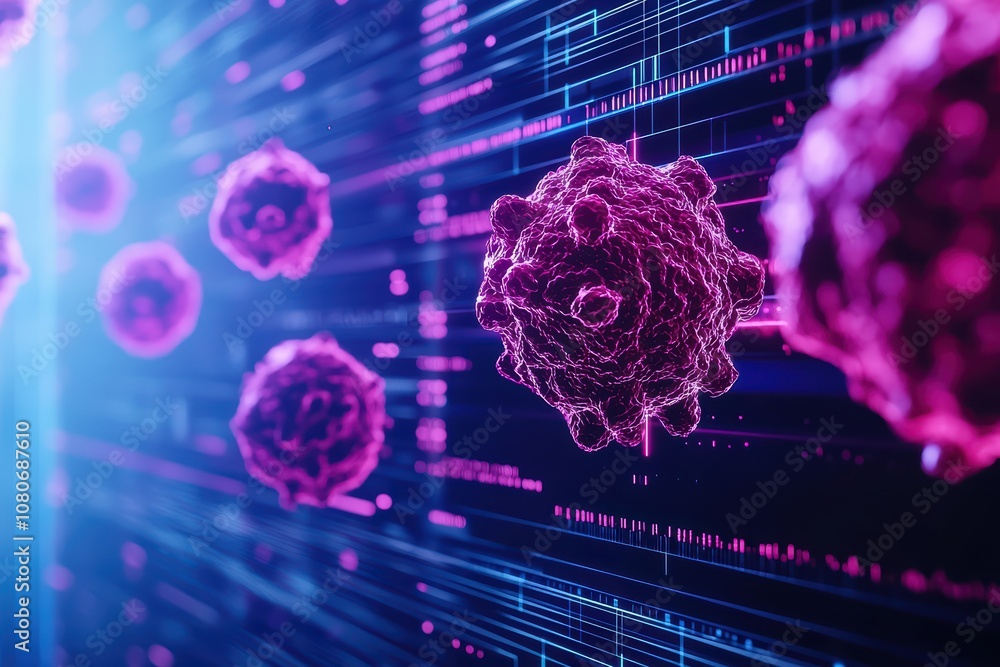 Poster abstract representation of virus cells on a digital background with vibrant colors.