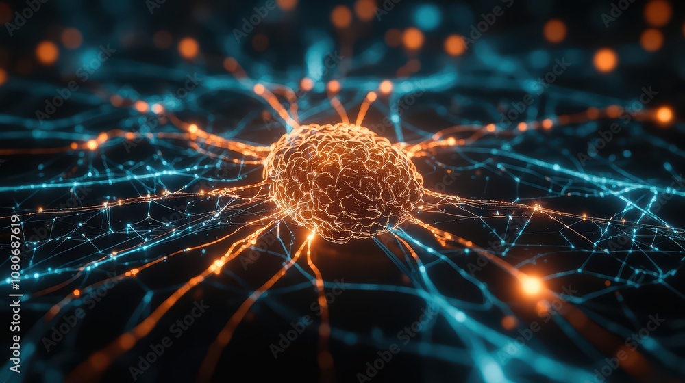 Poster abstract representation of neural networks with glowing connections in blue and orange hues.