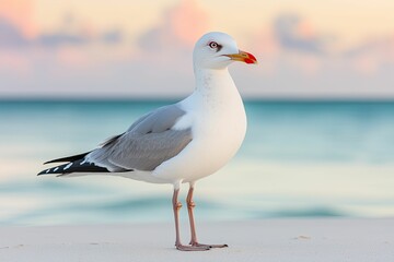 Obraz premium A seagull stands on a sandy beach with a serene ocean backdrop, showcasing its elegant profile against a pastel sky.