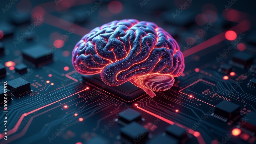 Poster futuristic brain on circuit board symbolizing ai and technology innovation