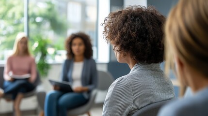 Patients are participating in a group psychotherapy session, actively listening to the therapist and engaging in discussions about mental health and emotional well being