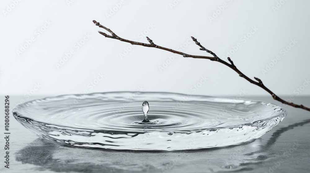 Poster a drop of water falls from a branch in a plate, creating ripples.
