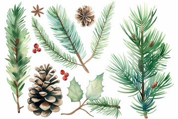 Christmas and winter watercolor illustrations with fir branches and mistletoe, isolated on a white background. Set of clip arts and stickers for decorating Christmas greeting card and banner.