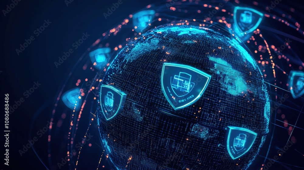Poster digital security concept with glowing network shields on a globe, representing data protection.