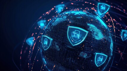 Digital security concept with glowing network shields on a globe, representing data protection.