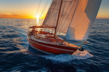 Classic Wooden Sailboat Sailing at Sunset on a Calm Sea with Glowing Sunlight on Waves, Capturing Nautical Serenity