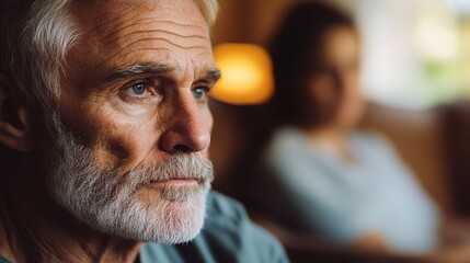Close up of a thoughtful senior man with a concerned expression, a blurred woman sitting in the background, creating a sense of worry or emotional distance