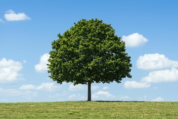 A solitary tree stands on a grassy hill under a clear blue sky dotted with fluffy white clouds, symbolizing nature's beauty and serenity.