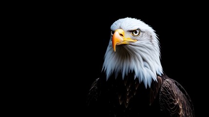 Obraz premium Powerful bald eagle with a white head, looking intently, detailed feathers in contrast with the black background.