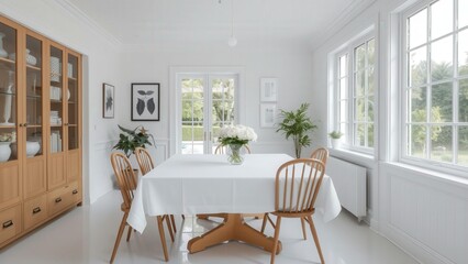 Fototapeta premium Bright and Airy Dining Room with Wooden Chairs and White Decor Perfect for Modern Home Decor Inspiration