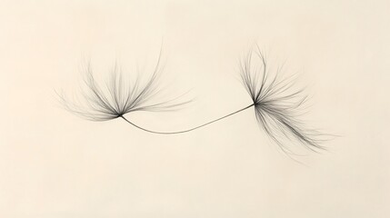 A delicate black and white drawing of a single dandelion seed suspended in the air, with light lines and simple details