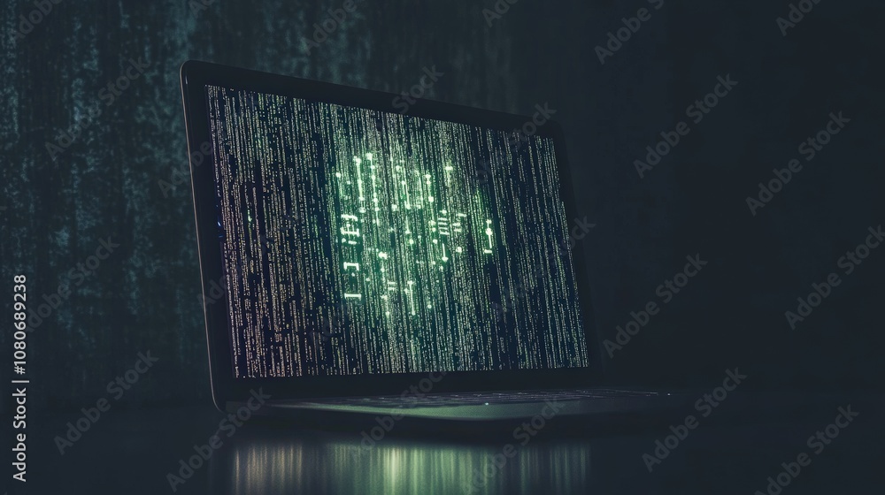 Poster dimly lit laptop displaying green code in a dark setting, representing cybersecurity concepts.