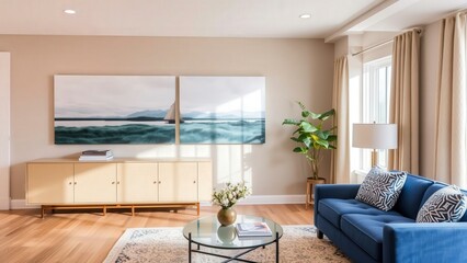 Fototapeta premium Elegant Living Room with Blue Sofa, Modern Decor, and Calming Artwork - Perfect for Relaxation and Entertaining