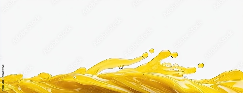 Poster dynamic waves of yellow oil against a serene white background with floating bubbles creating a tranq