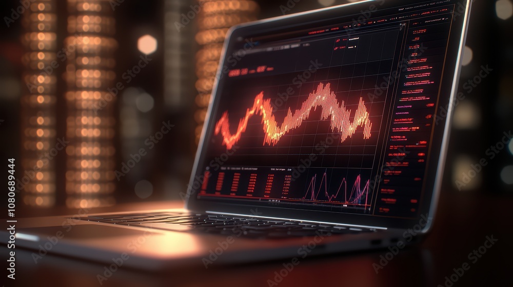 Poster close-up of a laptop displaying financial data on a sleek interface with vibrant colors.