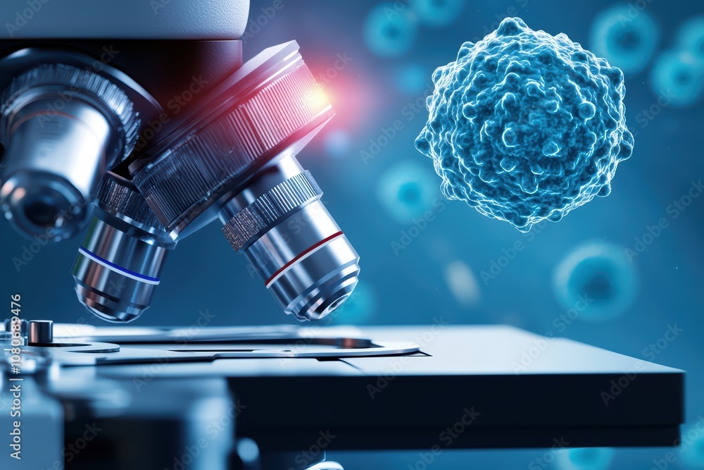Poster close-up of a microscope examining a cell in a lab environment with blue background and glowing elem