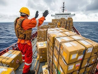 A crew member overseeing transport operations on a large cargo ship in the middle of the ocean.