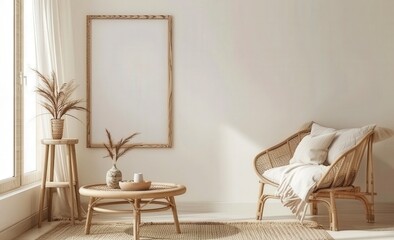 A cozy living room interior with a rattan armchair. a wooden coffee table. a plant in a woven basket. and a blank frame on the wall The room has a light and airy feel with natural light streaming in f