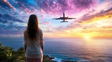 Obraz premium Travel: A solo traveler standing on a cliffside, looking at a vast ocean with a plane flying overhead, representing the endless possibilities of travel.