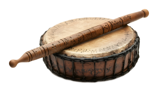 A Ramadan drum and drumstick, isolated on a white background