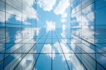 Sky and clouds reflected on tall modern glass building facade