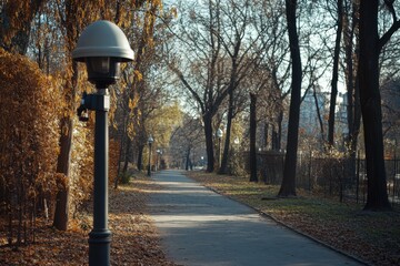 Street-level view of security camera in an autumn park setting