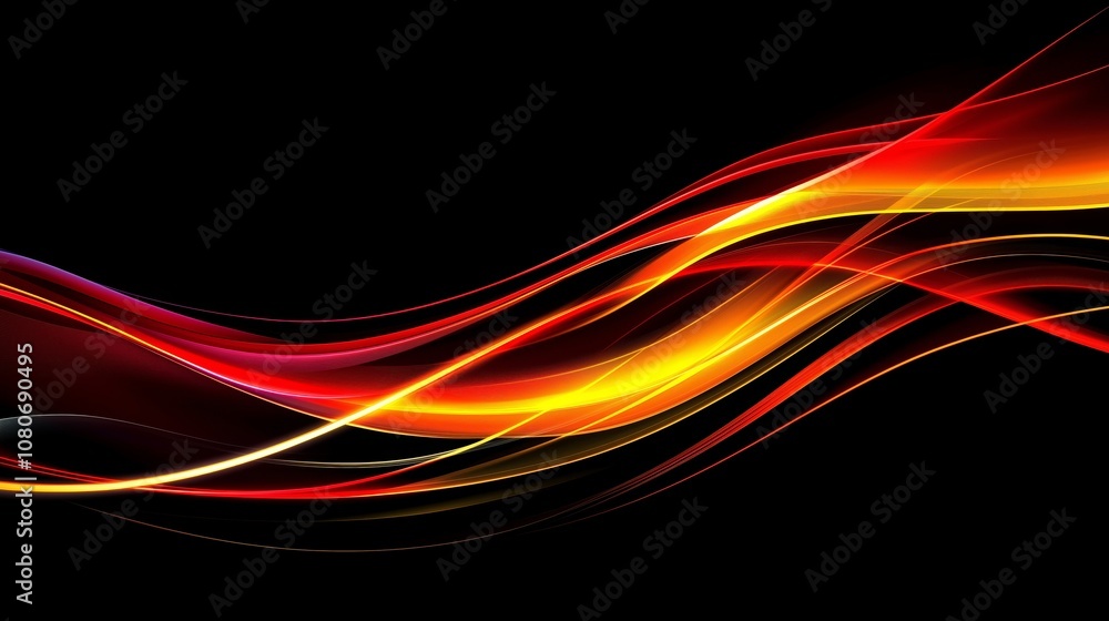 Poster a black background with three different colors of curved shapes.