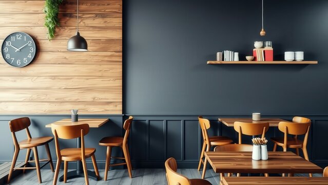 Modern Cafe Interior Design with Wooden Tables, Comfortable Chairs, and Cozy Atmosphere Perfect for Relaxation and Work