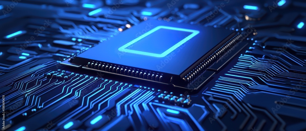 Poster close-up of modern microprocessor on a circuit board with blue lights, high-tech technology backgrou