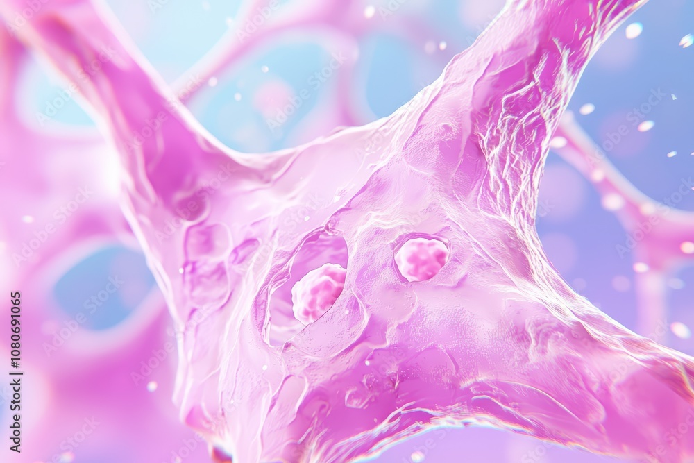 Poster close-up view of a neuron in vibrant colors, showcasing intricate cellular structures against a blur