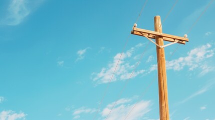 Wooden utility pole against blue sky with sparse clouds