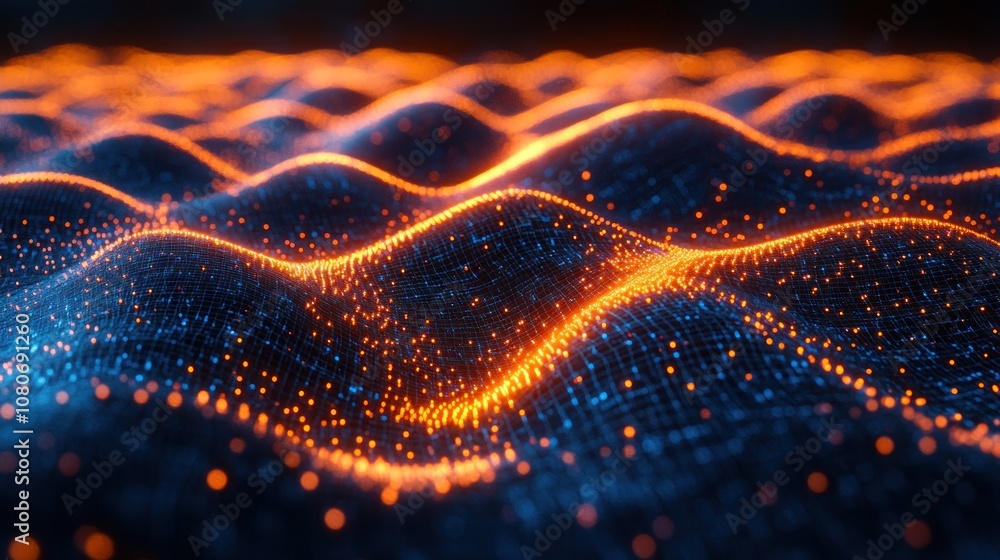 Poster abstract representation of waves with glowing particles and textures.