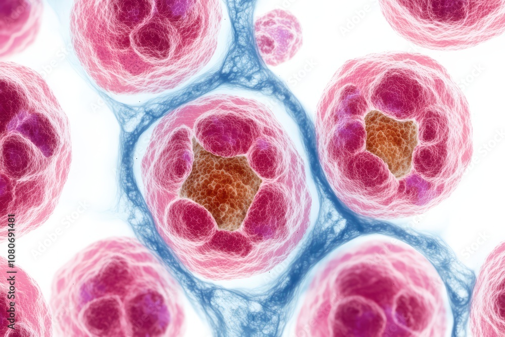 Poster close-up view of vibrant cells, showcasing intricate structures and patterns in a microscopic enviro