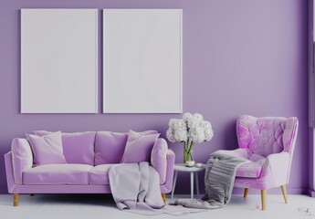 Two pink armchairs with pillows and a blanket in a living room with purple walls and two blank frames above a gold side table with white flowers