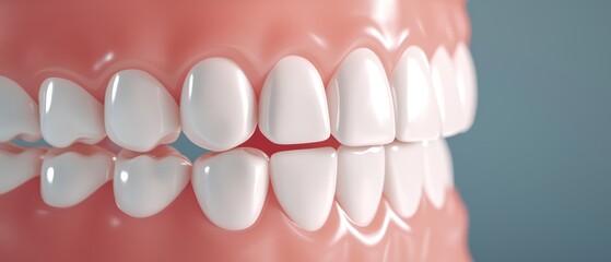 Close-up view of realistic white teeth and gums, highlighting dental hygiene and oral health.