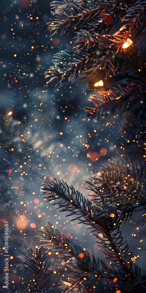 Poster a tree with snow on it and lights on it. the snow is falling on the tree branches