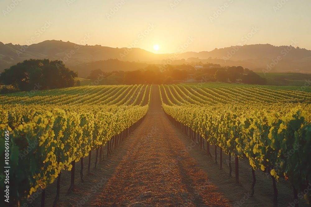 Poster a sun sets over rows of grapevines in a vineyard.