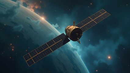 Satellite orbiting earth against a starry space background