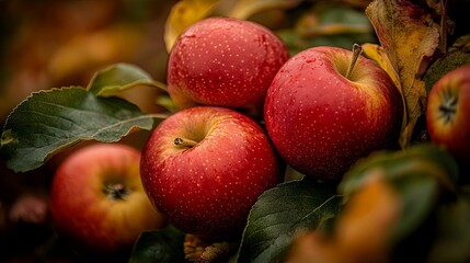 Close-up of Red Apples with Green Leaves and a Blurry Background