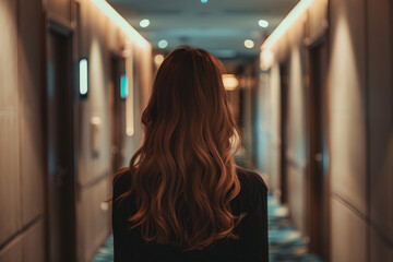 Generative AI Image of a Female Traveler Arriving in Hotel Corridor for Vacation