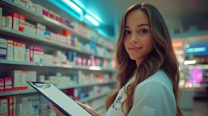 Pharmacist Holding Clipboard in Pharmacy Aisle