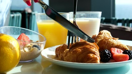proper healthy french breakfast croissant fruit orange juice cut eat lunch resort restaurant hotel sunny day