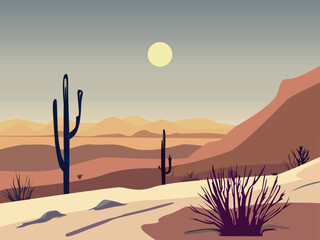 Desert landscape with mountains and cacti vector illustration in orange tones to design your illustrations, interiors and scenes in wildlife style