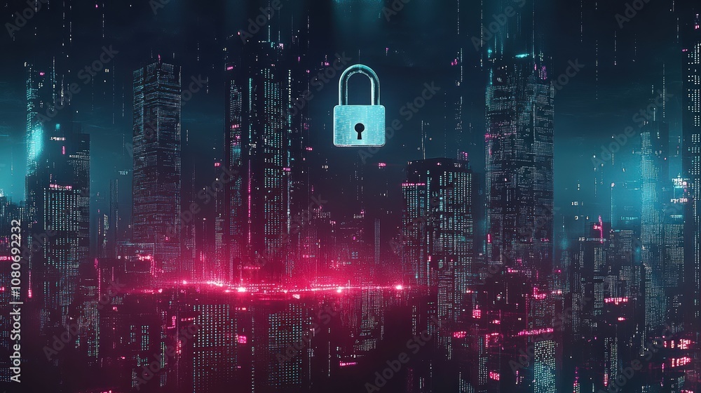 Poster futuristic cityscape with digital lock symbolizing cybersecurity and data protection.