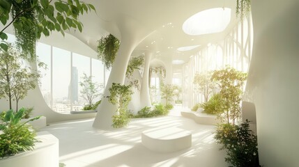 An eco-friendly, green and modern interior concept fills the spacious, airy rooms. The rooms are designed with a biophilic design in a minimalist, white interior with plants. Views of the city can be